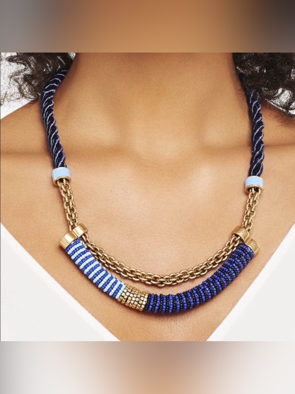 Stella & Dot Navy and Light Blue Beaded Gold-Link Necklace